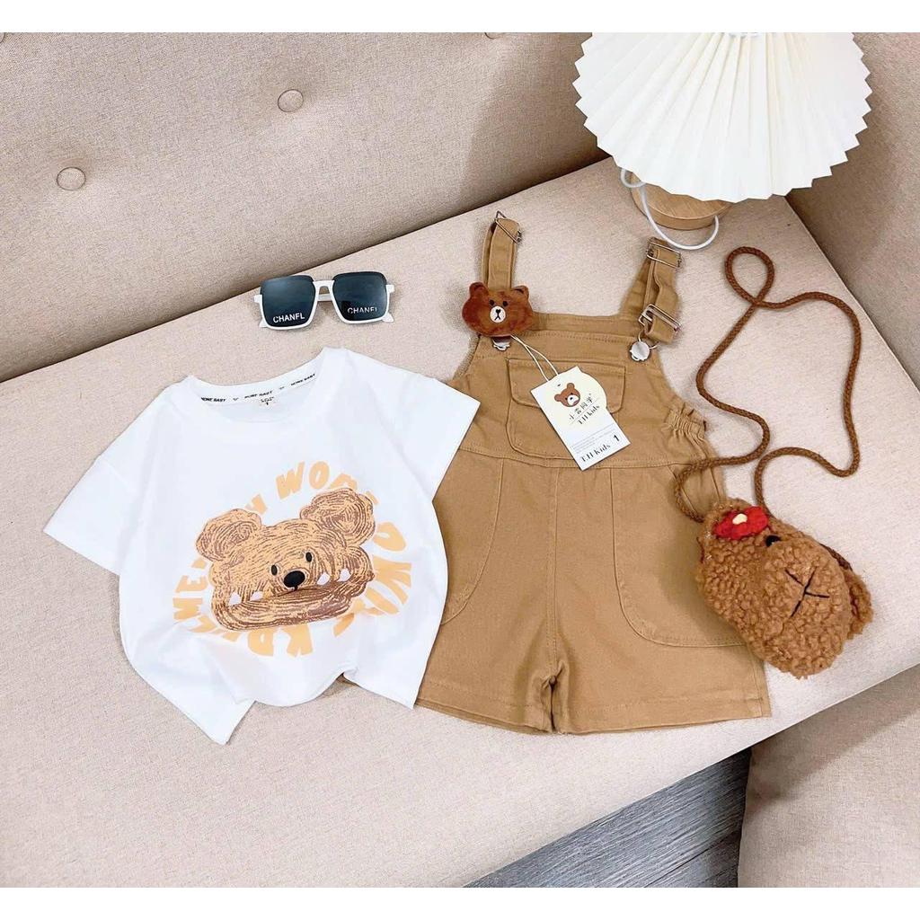 G443 (ขนาด 90-140) ชุดเซ็ท 2 ชิ้น เสื้อลายหมีสีขาว และเอี๊ยมสีน้ำตาล