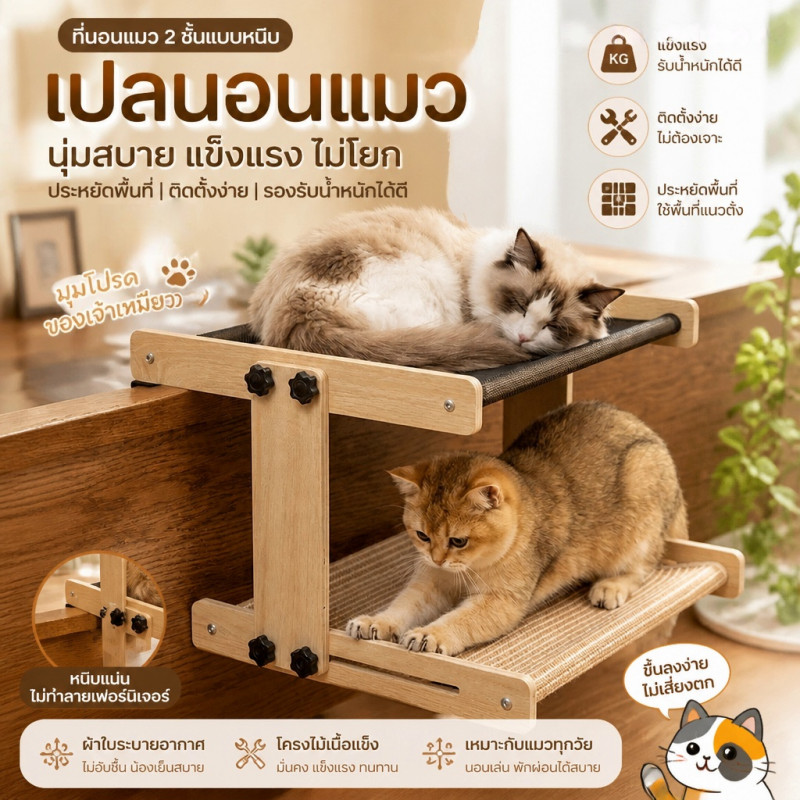 New เปลญวนไม้เนื้อแข็งแมว เปลญวนสำหรับสัตว์เลี้ยง เตียงแมว ระบายอากาศ เสถียร ทนทานต่อการสึกหรอ