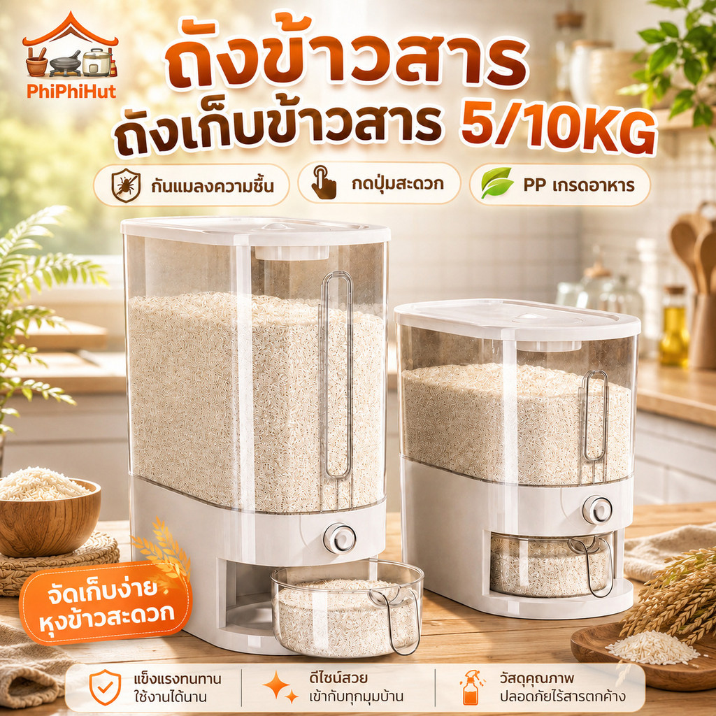 PPH ถังข้าวสาร ถังเก็บข้าวสาร 5/10KG  และกันแมลง ป้องกันความชื้น กดปุ่ม ข้าวจะไหลออกมาเอง