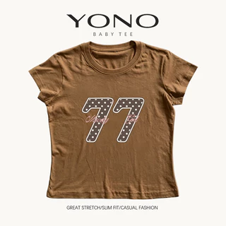 (พร้อมส่ง24ชม.) baby tee สีเบจ ลายเลข 77 ลายจุด ฟีลอเมริกันคอลเลจวินเทจ ทรงเข้ารูป ใส่ชิค