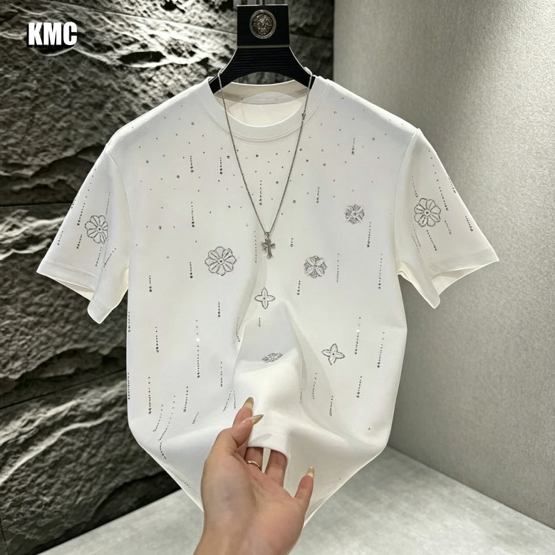 ผู้ชายแขนสั้นเสื้อยืดร้อนเพชรด้านบนข้ามดอกไม้น้ําตกถนนสบายๆ จุดต่ําสุด เสื้อสีดําสีขาวสีแดง