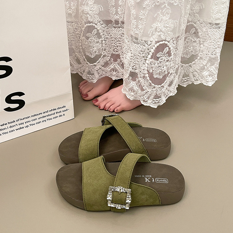 Dayou Shoes Summer Womens Shoes One-word Boken รองเท้าแตะสําหรับเท้ากว้างและเท้าอ้วน
