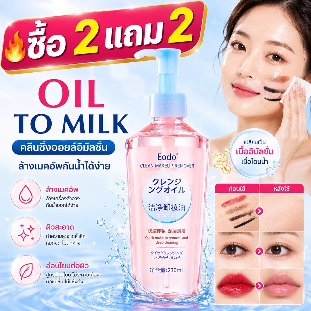 ซื้อ 2 แถม 2!คลีนซิ่งออยล์ ทำความสะอาดเมคอัพกันน้ำ สิ่งสกปรกและความมันส่วนเกิน ผิวสะอาด อ่อนโยน ใช้ได้ทุกวัน