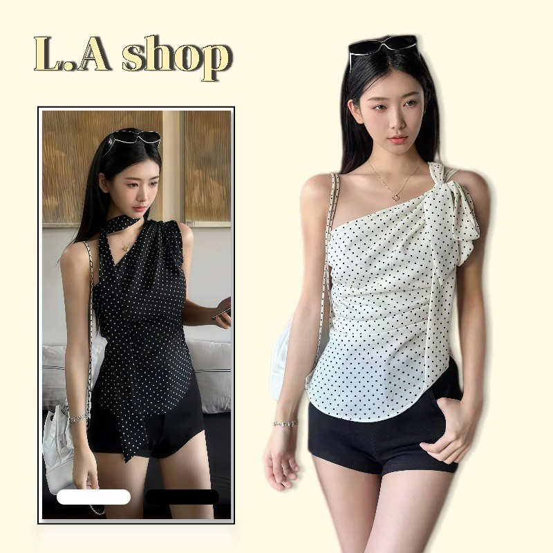 L.A Shop★พร้อมส่ง เสื้อปาดไหล่ เสื้อสายเดี่ยวเอียงไหล่ ลายจุดดอท ผ้าซาตินเรียบเนียน-FY5179#1