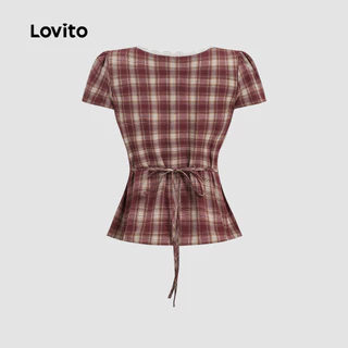 (New Arrival) Lovito เสื้อเบลาส์คอระบายผูกโบว์ด้านหลัง สีแดง/ขาว สําหรับผู้หญิง เหมาะสําหรับฤดูใบไม้ผลิ/ฤดูร้อน L196ED612