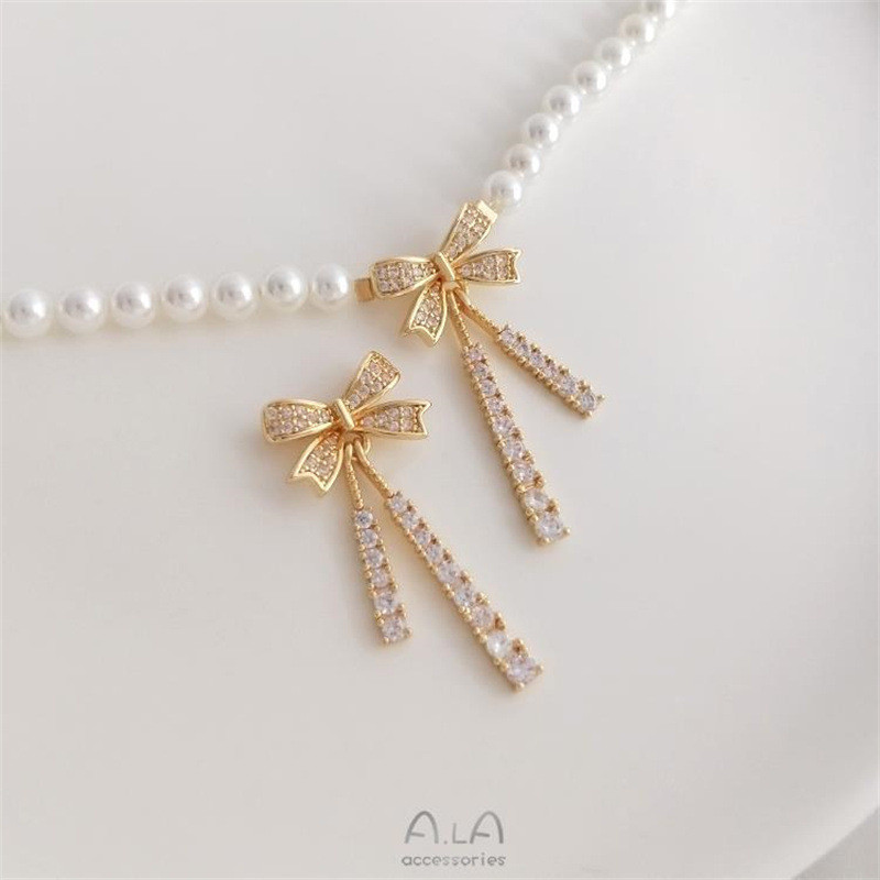 14K Gold-Covered สี Retention Micro-Inlaid Zircon โบว์พู่สร้อยคอจี้ diy Clavicle Chain จี้เครื่องประ