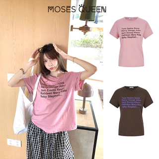 MOSESQUEEN โมเสสควีน เสื้อยืดแขนสั้นพิมพ์ลายตัวอักษรแขนด้านหน้าสําหรับผู้หญิง-ผ่อนคลายและสบายฤดูร้อนคอกลมด้านบนที่เข้ากันกับทุกอย #63852