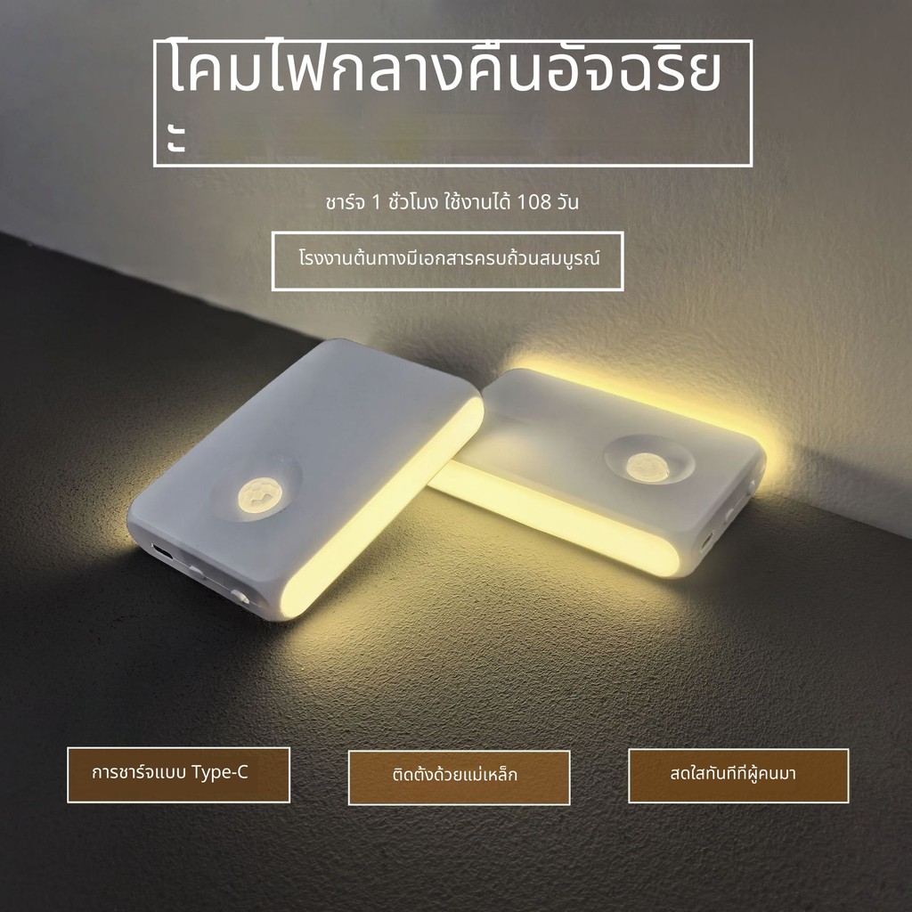 ไฟติดผนังกลางคืน LED เซนเซอร์อัจฉริยะ ตรวจจับร่างกาย ชาร์จ Type-C แม่เหล็กไร้สาย สำหรับใช้กลางคืนในบ้าน