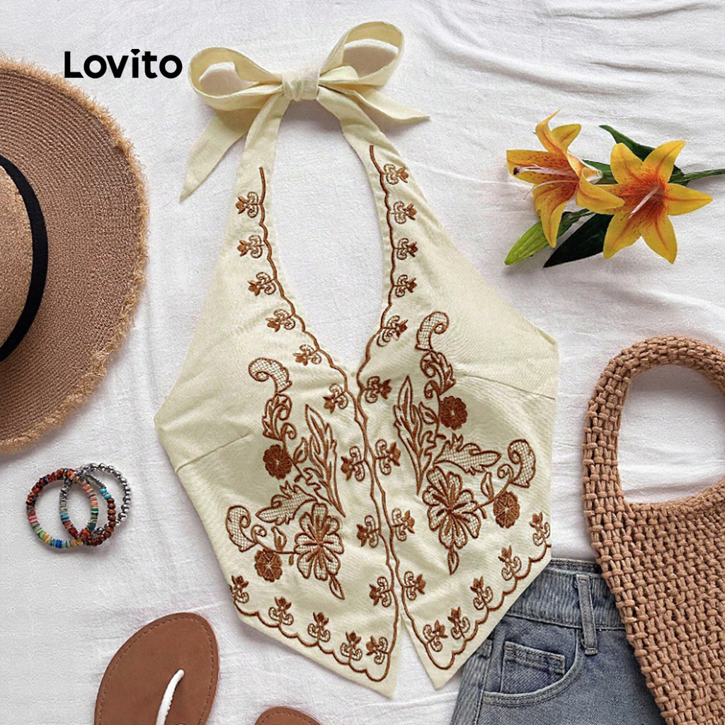 Lovito เสื้อท็อปสไตล์โบโฮ ดีไซน์ผูกเชือก สำหรับฤดูใบไม้ผลิ/ฤดูร้อน สำหรับผู้หญิง LK3ED197