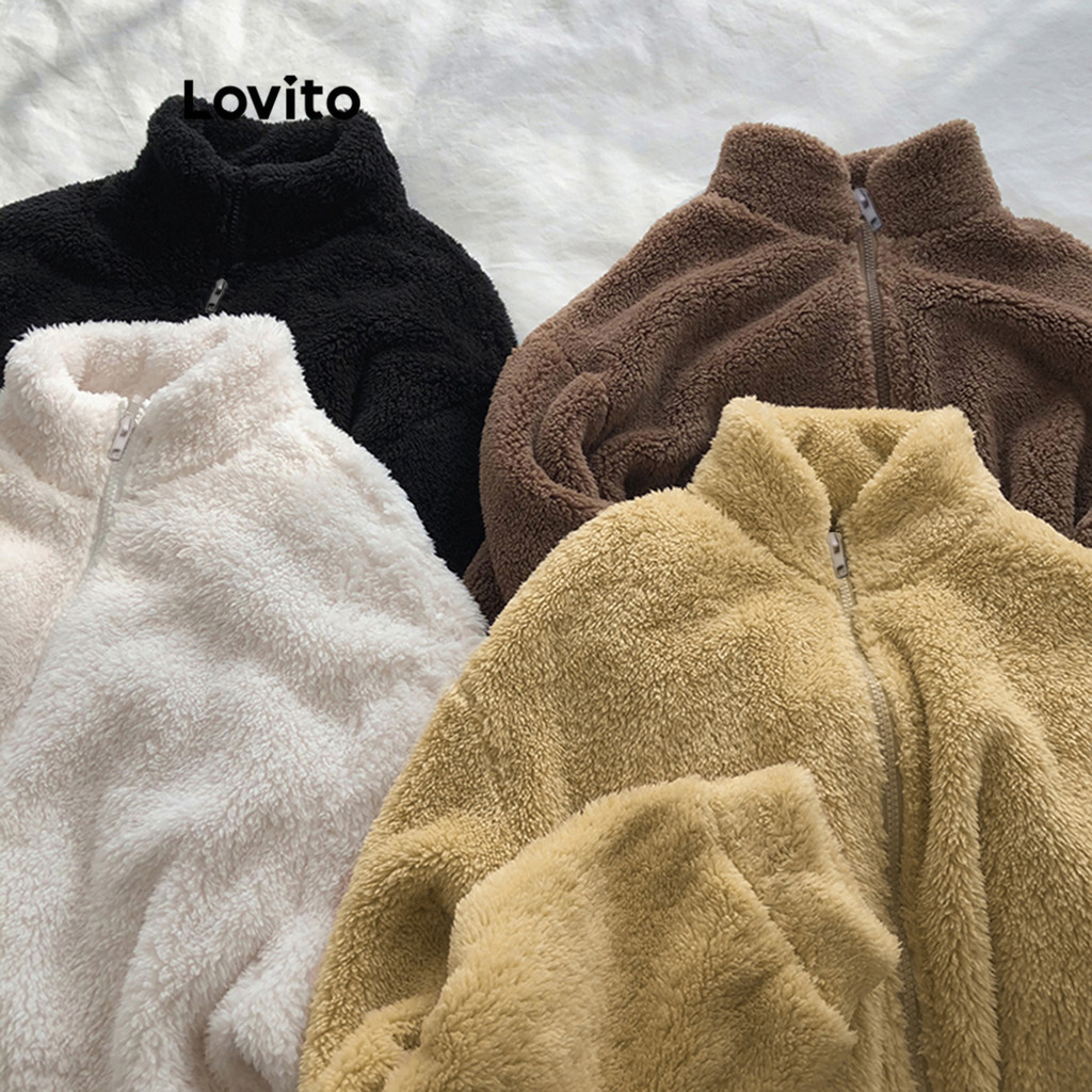 Lovito เสื้อโค้ทผู้หญิง ทรงเบสิก ซิปรูด สีพื้น สไตล์แคชชวล LNE29211 (สีแอปริคอท/สีน้ำตาล/สีกากีอ่อน/สีดำ)