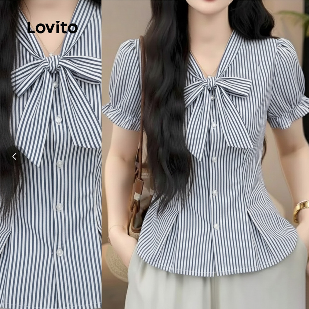 Lovito แคชชวล เสื้อลายลูกไม้ติดกระดุมด้านหน้า สีฟ้า/ขาว สําหรับผู้หญิง L177ED1054