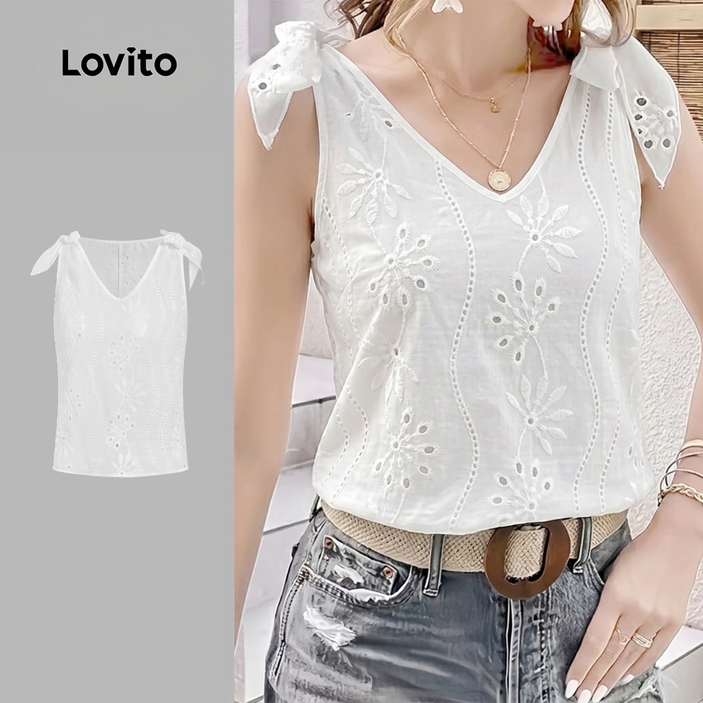 Lovito โบโฮ เสื้อกล้าม ปักตาไก่ ระบายชายเสื้อ ฤดูร้อนสําหรับผู้หญิง L74ED138