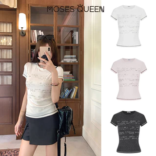 MOSESQUEEN มอสเซควีน เสื้อยืดแขนสั้นพิมพ์ลายตัวอักษรสไตล์อเมริกันดีไซน์คอกลมเข้ารูปเหมาะกับผู้ชาย #63748