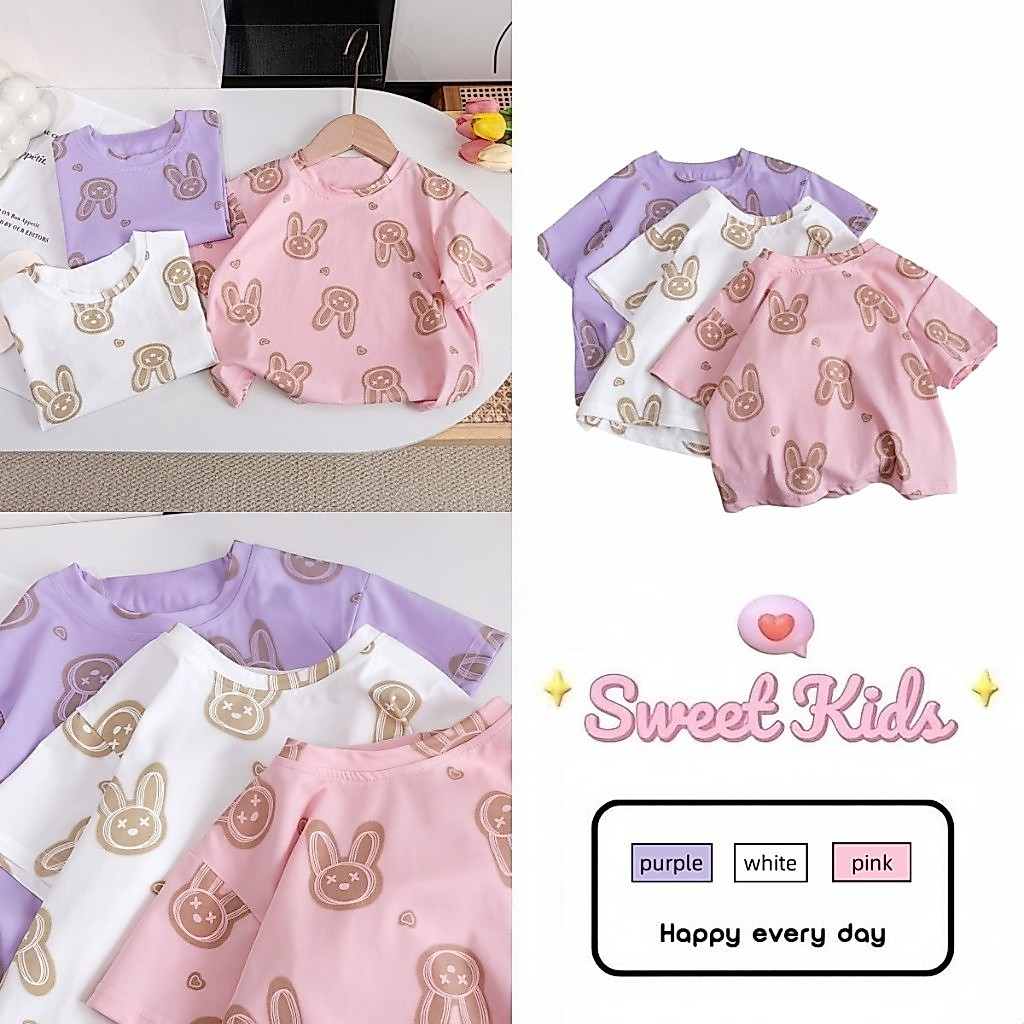 SweetKids พร้อมส่งจากกทม ชุดเด็ก สาวแขนสั้น เสื้อยืดลําลองฤดูร้อน พิมพ์กระต่ายการ์ตูน มีทั้งหมด 3 สีให้เลือก