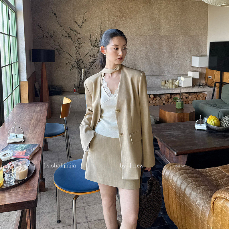 LSv คอ Retro Blazer กระโปรงครึ่งชุดสองชิ้นผู้หญิง 2026 ฤดูใบไม้ผลิใหม่สไตล์ High-End ชุดลําลอง 23173