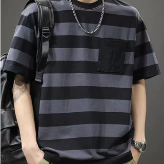 BECoolMan แขนสั้นผู้ชาย แถบ ถนนลม ตกแต่งกระเป๋า เทรนด์ที่หลากหลาย