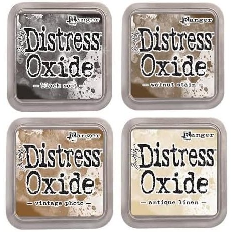 ชุดหมึก Tim Holtz Ranger Distress Oxide - Four 3" x 3" Pads (E : Black Soot, คราบวอลนัท, ภาพวินเทจ, 