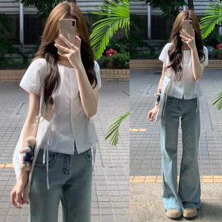 Dahong 99173 เสื้อเชิ้ตแขนสั้นผู้หญิง สีขาว สไตล์ลำลองฤดูร้อน ทรงหลวม มิกซ์แอนด์แมทช์กับท็อปส์ซู เวอร์ชั่นเกาหลี