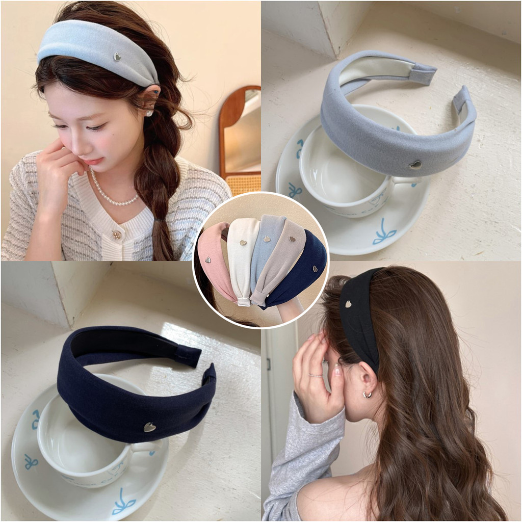 Vintage Sweetheart Cotton Heart Headband สีทึบกว้าง Voluminous สวมใส่ทุกวัน