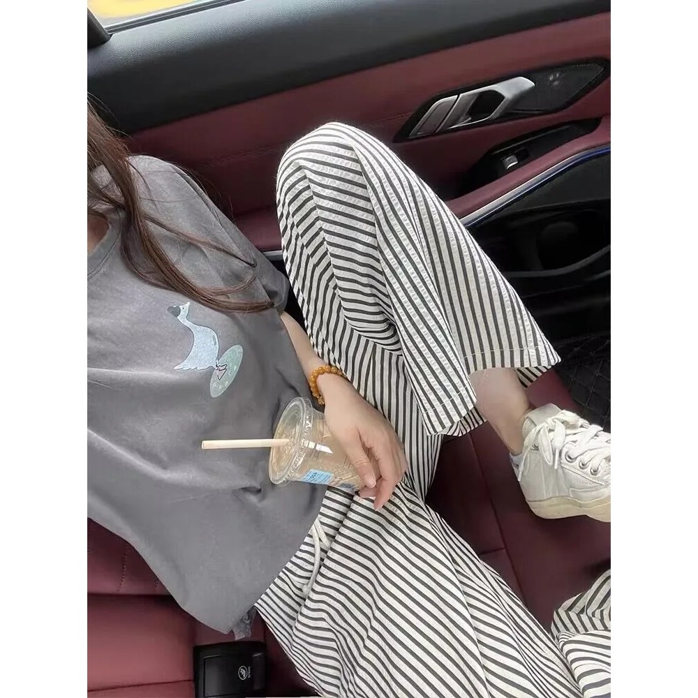 กางเกงลำลองผู้หญิงฤดูร้อนแบบใหม่ อีเวสูง ทรงขาตรงและกว้าง