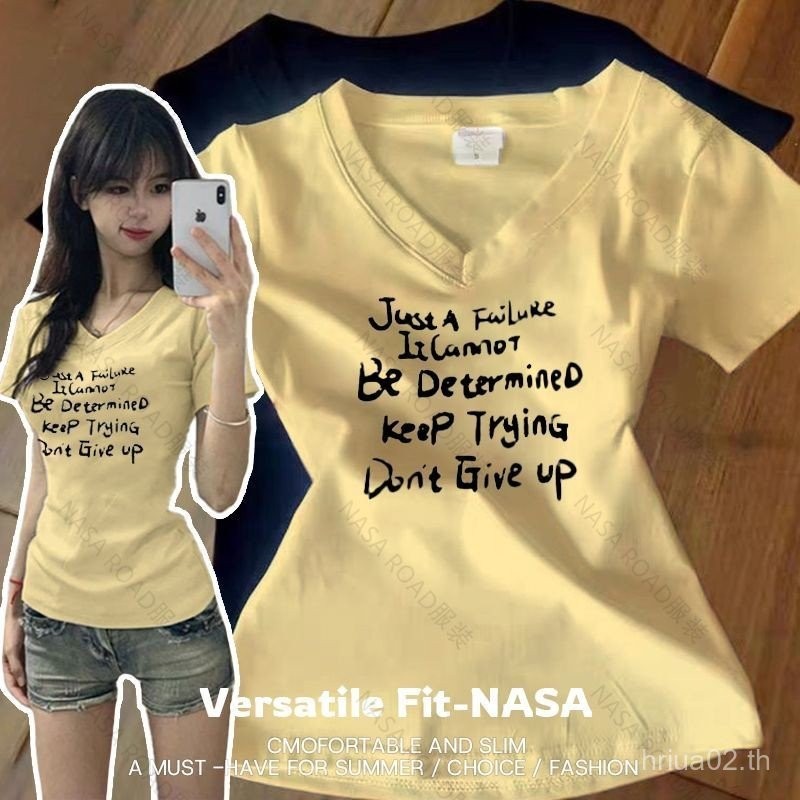 NASA American Letter พิมพ์ฤดูร้อน V คอแขนสั้นเสื้อยืดผู้หญิงออกแบบรู้สึกสาวร้อน Slim-Fit ด้านหน้าไหล
