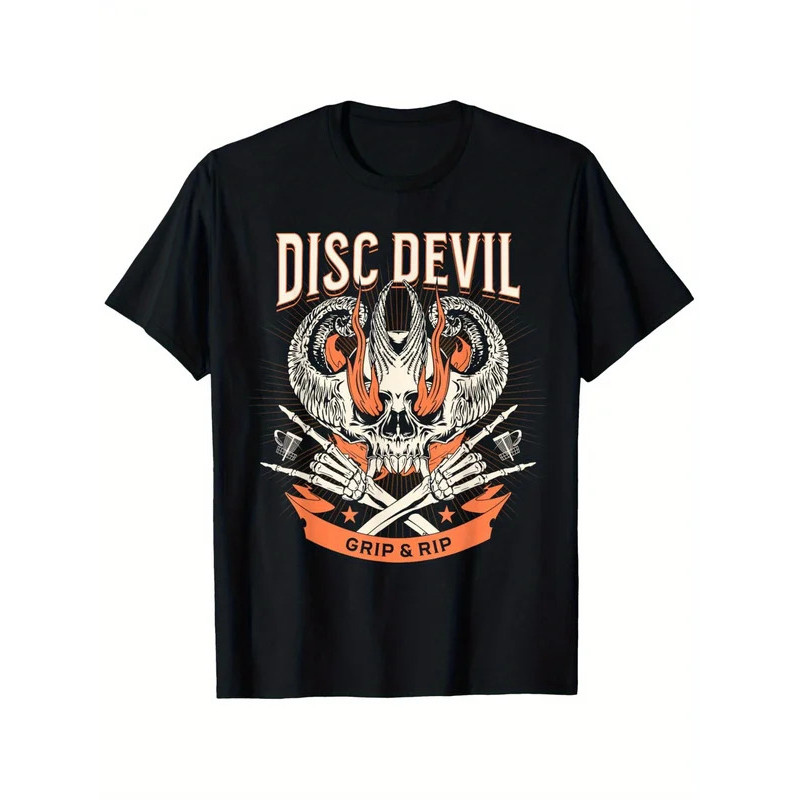 MESIN Street clothing เสื้อยืดผู้ชาย 100% "Disc Devil" Skull\u0026 Crossbone - Casual Loose Washable