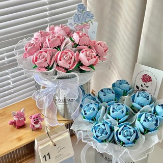 🌹พร้อมส่ง🌹 บล็อกตัวต่อ ช่อดอกกุหลาบ DIY ช่อดอกอิฐ สีแดง ชมพู…