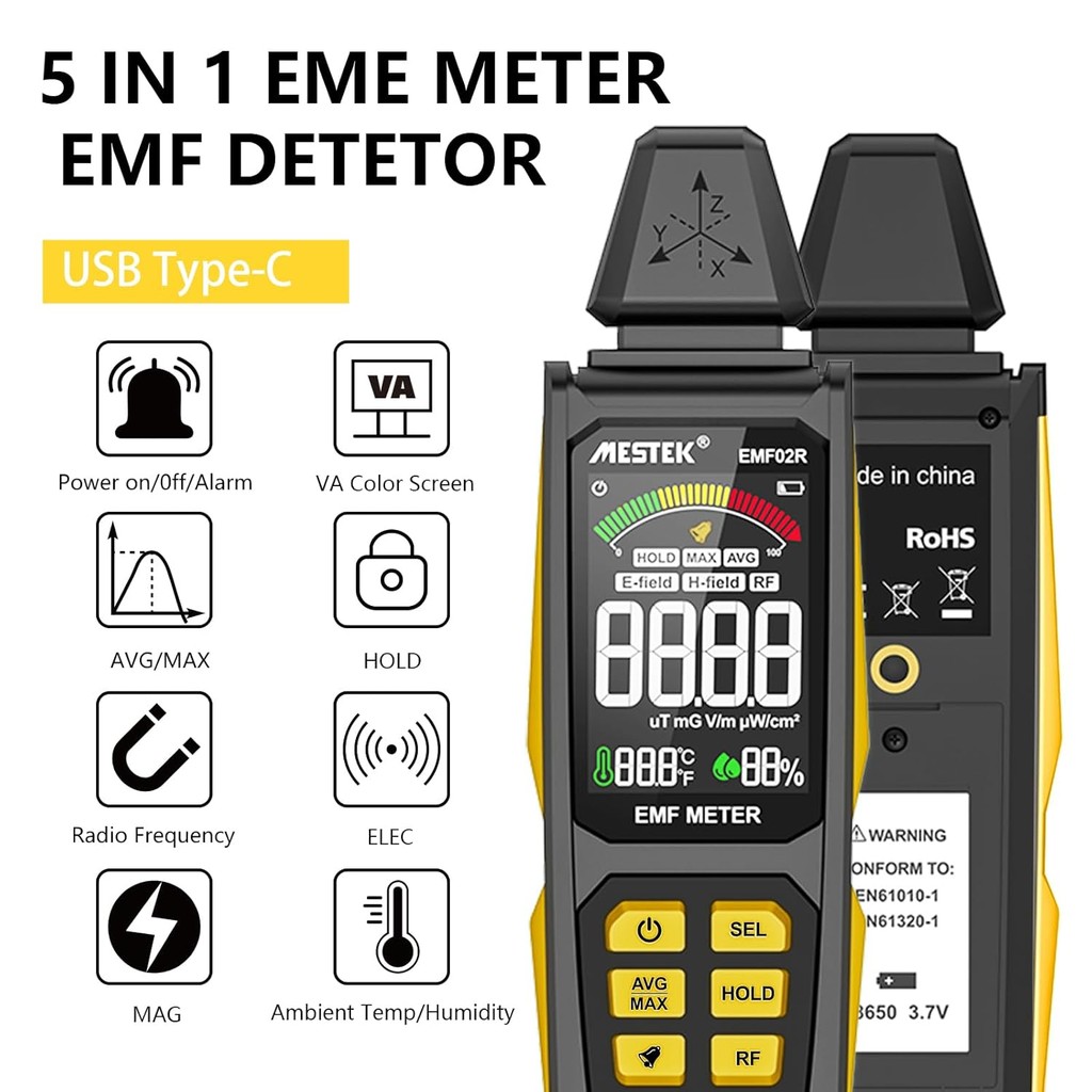 เครื่องตรวจจับ EMF, MESTEK 5 in 1 EMF Meter เครื่องตรวจจับรังสี, สนามไฟฟ้า, อุณหภูมิสนามความถี่วิทยุ
