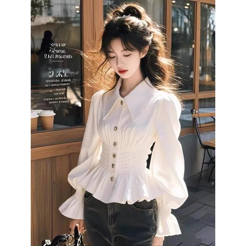 🌻Grace🌻 เสื้อแฟชั่นผู้หญิง เสื้อเชิ้ตแขนยาวปกขาว เสื้อเชิ้ตเนื้อนุ่ม เรียบหรู เก๋ไก๋ เอวเก๋ไก๋ 99146