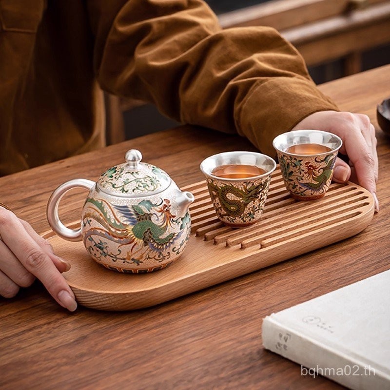 Gilt Silver Dragon Phoenix หนึ่งหม้อสองถ้วย Kung Fu ชุดชาครัวเรือนกาน้ําชา Teacup ชุดกล่องของขวัญของ