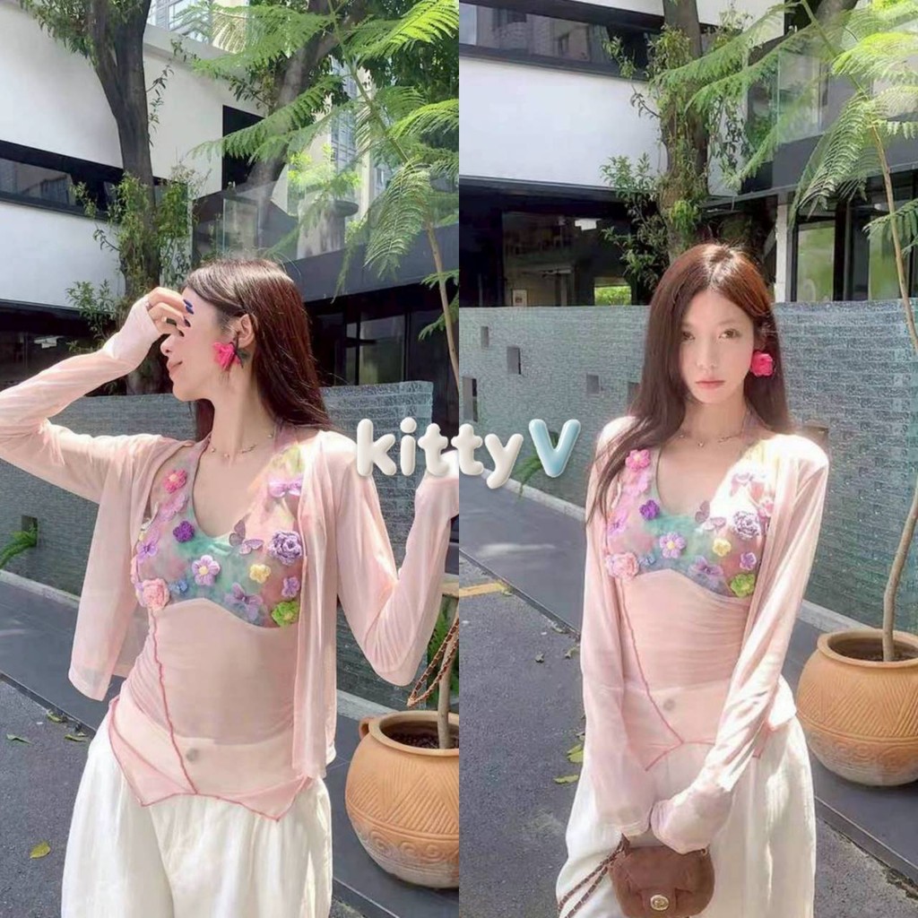 kitty.vogue พร้อมส่ง กล้าม/เสื้อคลุมแขนยาว ดีเทลสีชมพูซีทรูบางเบา เกาหลีเกาใจ ลายดอกไม้ -FY947/FY951