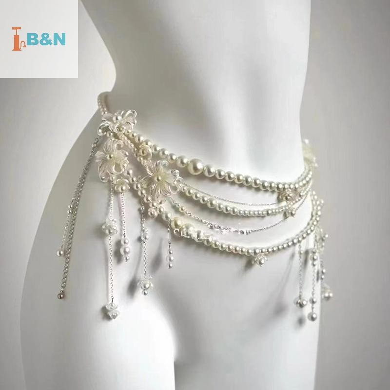 XeR Body Chain มัลติเลเยอร์ดอกไม้ Retro Pearl สำหรับผู้หญิง ใช้งานเป็นเครื่องประดับเสื้อผ้าและของขวัญ