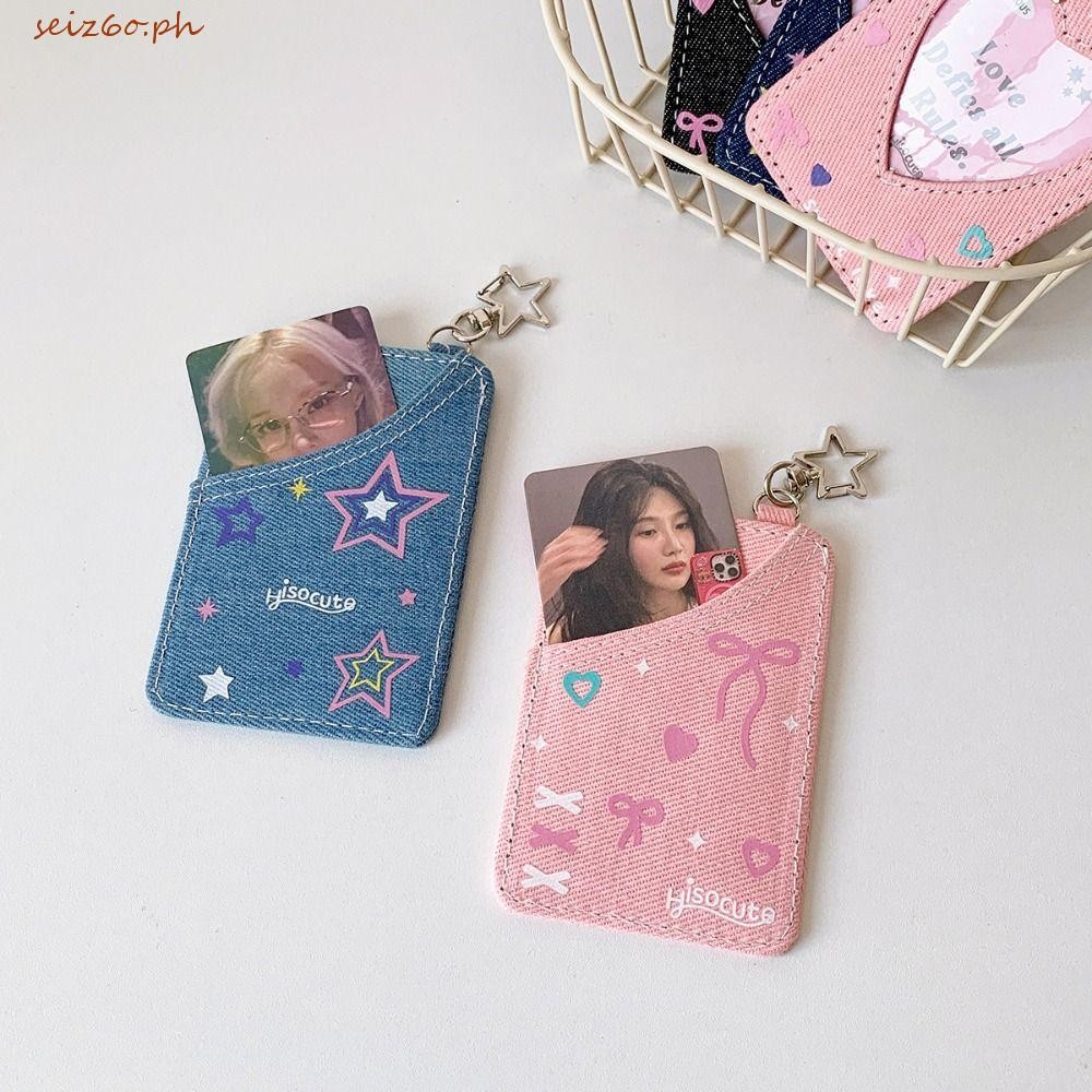 SEIZ6O Denim Card Holder, Y2k Star Bag Pendant, Fashion Backpack Hanging Love Heart Pendant Card Cas