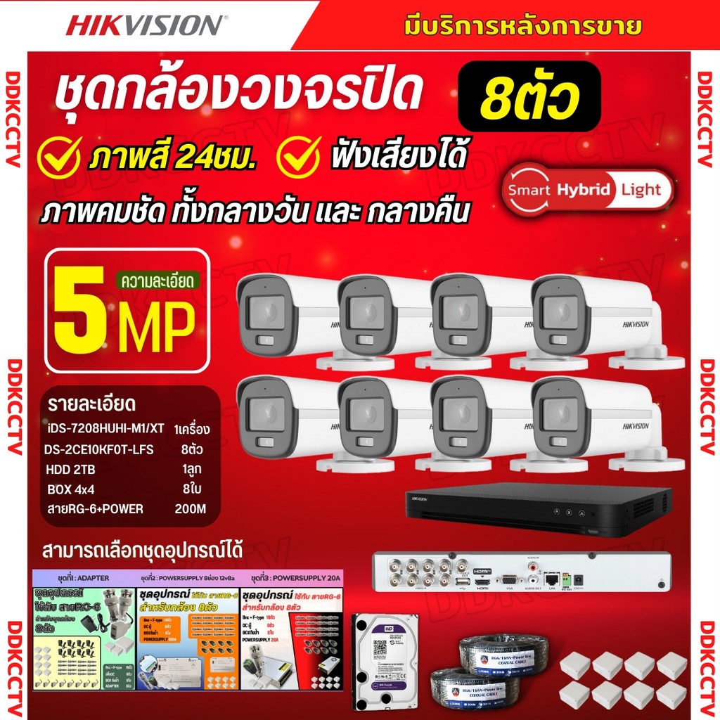 Hikvision ชุดกล้องวงจรปิด 8ตัว 3K ColorVu Smart hybrid light ภาพคมชัด มีเสียงในตัว 5ล้านพิกเซล DS-2CE10KF0T-LFS รุ่นใหม่