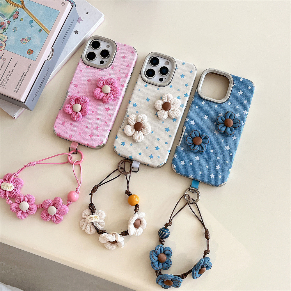 สร้อยข้อมือดอกไม้ดาวลายยีนส์เกาหลีเหมาะสําหรับเคสโทรศัพท์ iPhone 16 ProMax 15 iPhone 17 Air ใหม่ 14 เคสป้องกัน 13 12 Pro Max รวมทุกอย่างฝาครอบซิลิโคนอ่อนนุ่ม