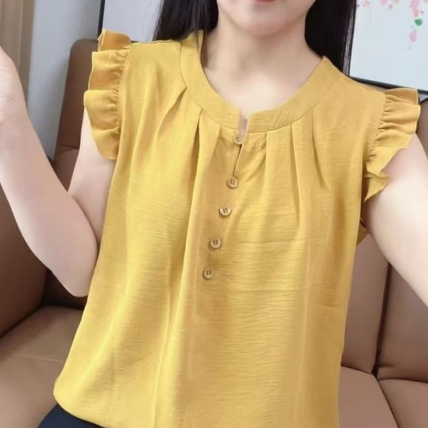 2025 เวอร์ชั่นเกาหลีแขนกุดเสื้อขนาดเล็กหวานสีทึบเสื้อรอบคอขอบเชื้อราเสื้อยืดทุกการแข่งขันเสื้อผู้หญิ