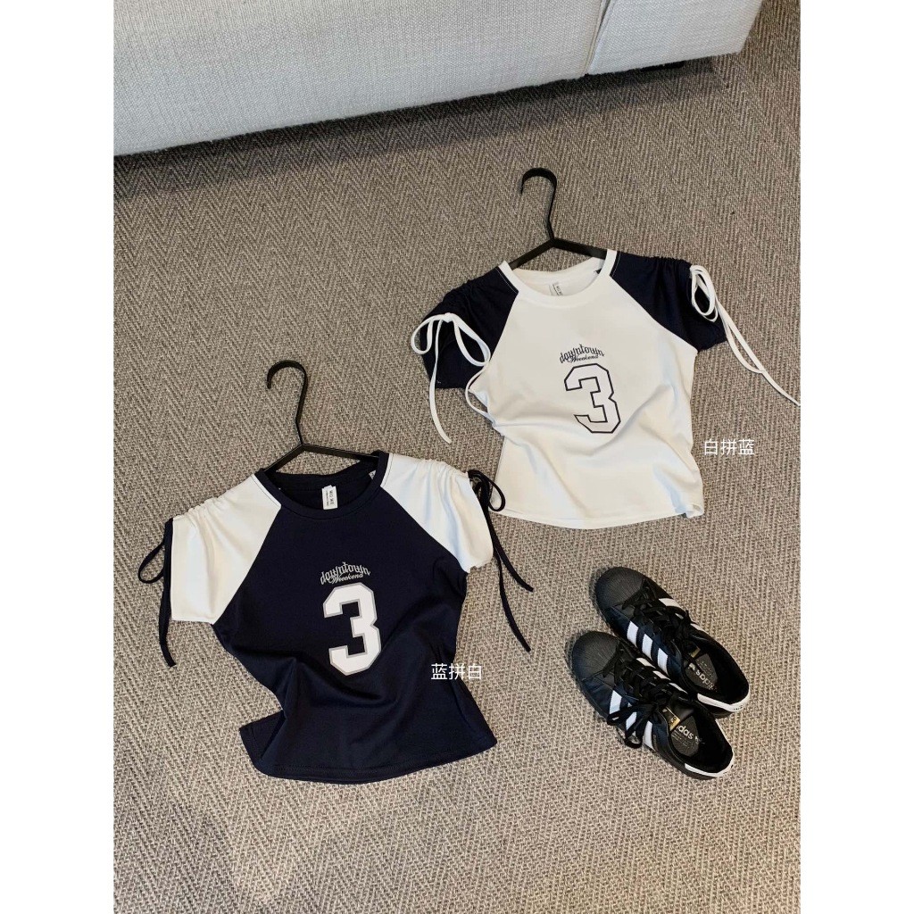 🧡🧵 🇰🇷 W6486 เสื้อแขนสั้น แต่งสลับสี สกรีนเลข 3 แต่งเชือกตรงแขน แฟชั่นเกาหลี TAG WG.WE 🧵🧡 - รูปที่ 7