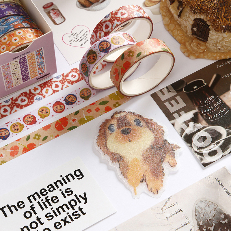 5 ม้วนสัตว์ที่มีสีสันและดอกไม้ชุด Washi สติกเกอร์เทปตกแต่ง DIY วัสดุ Masking Tapes - รูปที่ 4