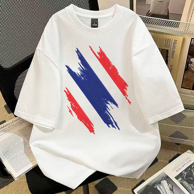 เสื้อยืดคู่ลายแปรงสีแดงน้ำเงินแนวมินิมอล ผ้านุ่มระบายอากาศดี ใส่สบายได้ทั้งชายหญิ สีดำ สีขาว S-XXXL