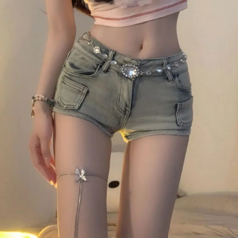 American Hot Girl Retro Low-Waist Denim Superกางเกงขาสั้นผู้หญิง 2024 ฤดูใบไม้ผลิฤดูร้อนSlim-fit Sli