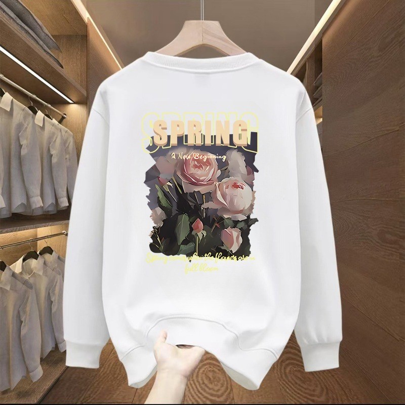 CODเสื้อกันหนาวใหม่รอบคอVINTAGEพิมพ์Streetสวมใส่ปกติคู่อเมริกันผู้ชายผู้หญิงดอกไม้ผ้าฝ้ายSize2025 ov