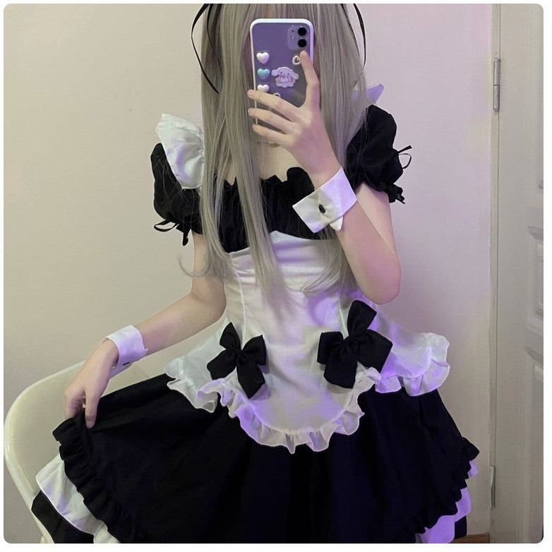 [คําแนะนําขายร้อน] คอสเพลย์ชุดแม่บ้านเกมเครื่องแต่งกายทุกวัน lolita กระโปรง Miracle Warm Black White