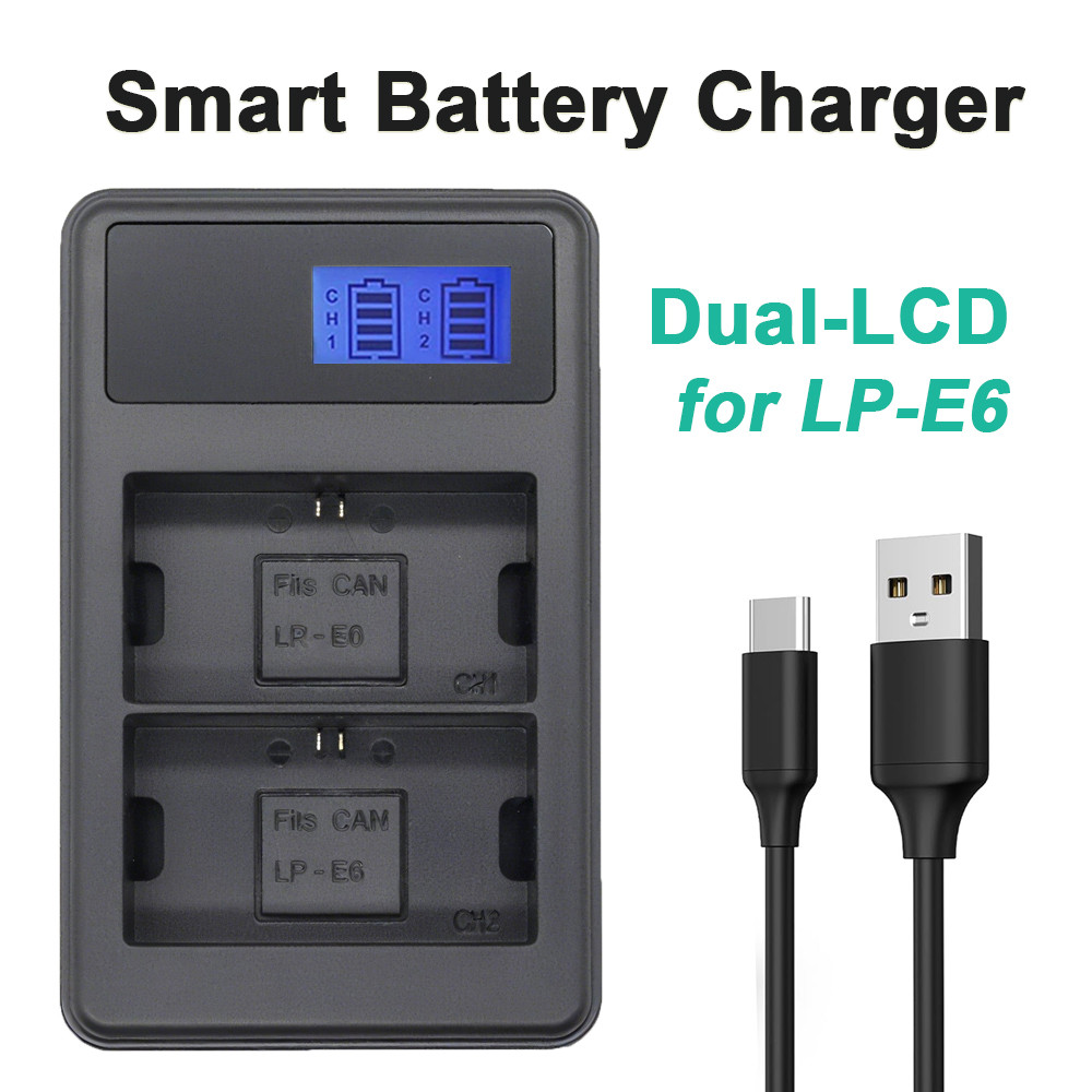 Double Slot LP-E6 Charger for Canon EOS R5, R6, R7, 90D, 80D, 70D, 60D, 5D, 6D, 7D Mark II Cameras
