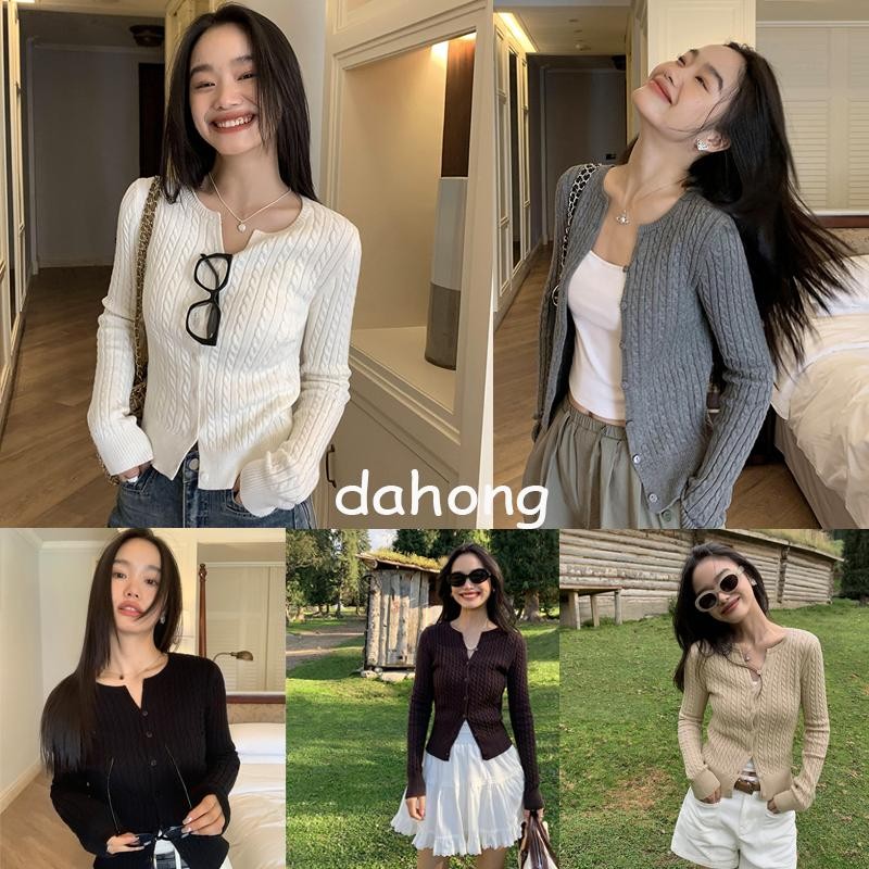 Dahong R023  เสื้อแขนยาวไหมพรม ครอปคาร์ดิแกน  ผ้านุ่ม เสื้อไหมพรม  สีพื้น สไตล์เกาหลี
