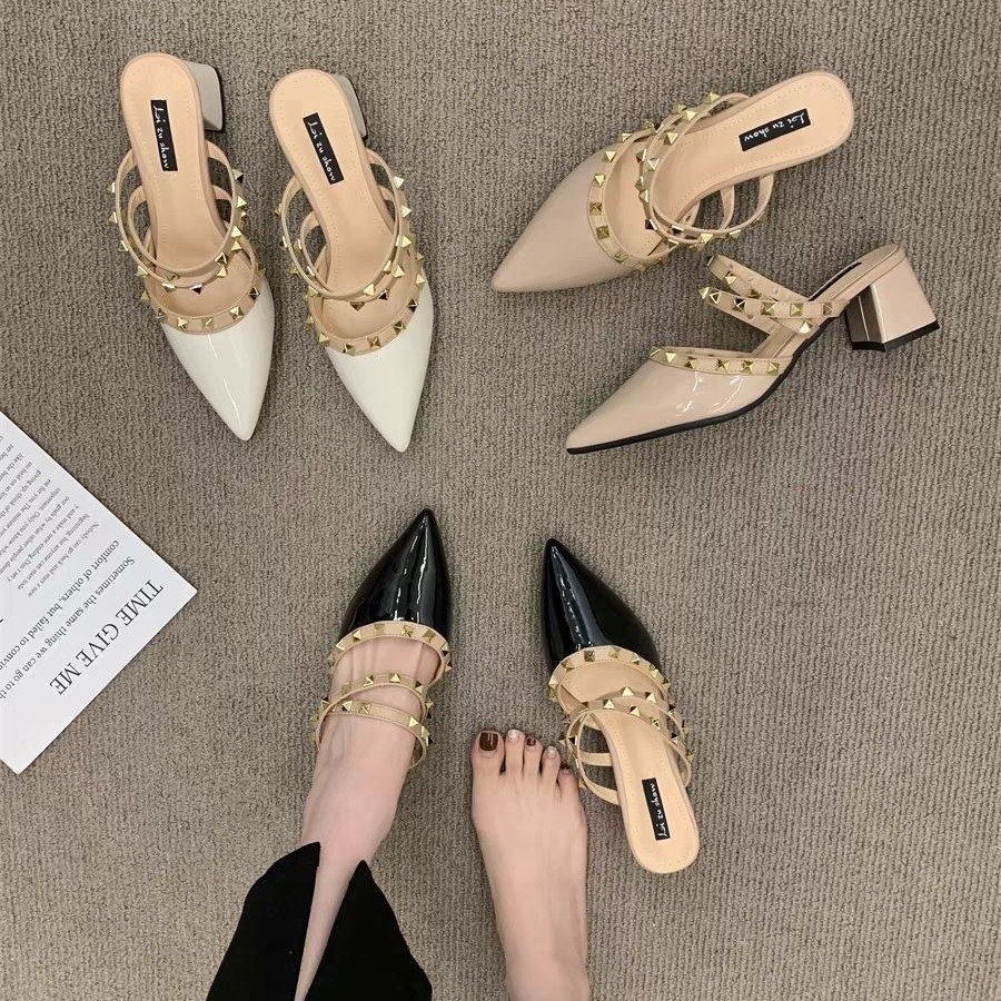 รองเท้าส้นสูงToe-Covered แบบพันหนังเท้า สำหรับใส่กลางแจ้ง สไตล์.Pointed Toe แฟชั่นผู้หญิง
