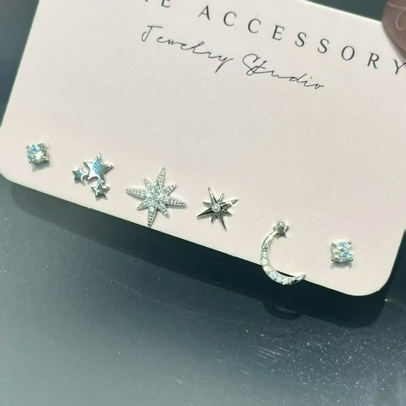 6 ชิ้นผู้หญิง Moon Star Shell Bling Zircon ต่างหูหู Studs เครื่องประดับอุปกรณ์เสริม