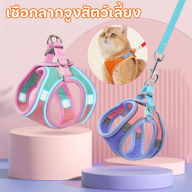 สายจูงสัตว์เลี้ยง+เสื้อรัดอกแมว สะท้อนแสงกลางคืน/แจ้ง ปรับระดับได้ สายจูงแมวรัดอ