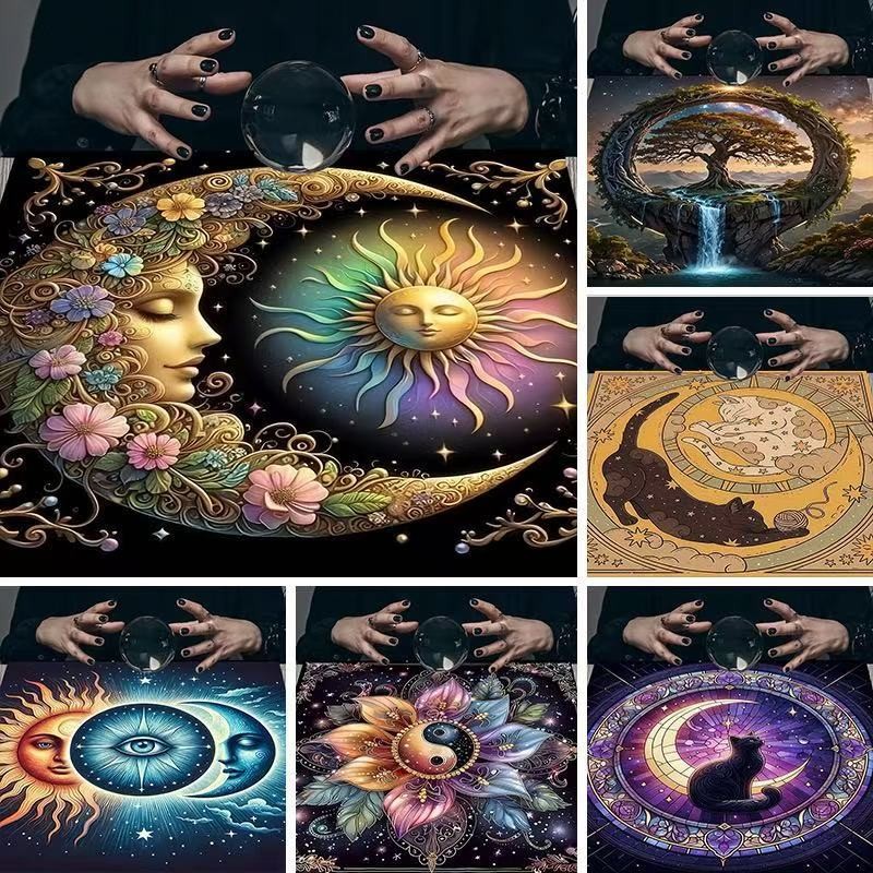 ไพ่ทาโรต์ mandala บนผ้าปูโต๊ะลายฟ้าระยิบระยับ สำหรับการบูชาและทำพิธีกรรม tarot divination