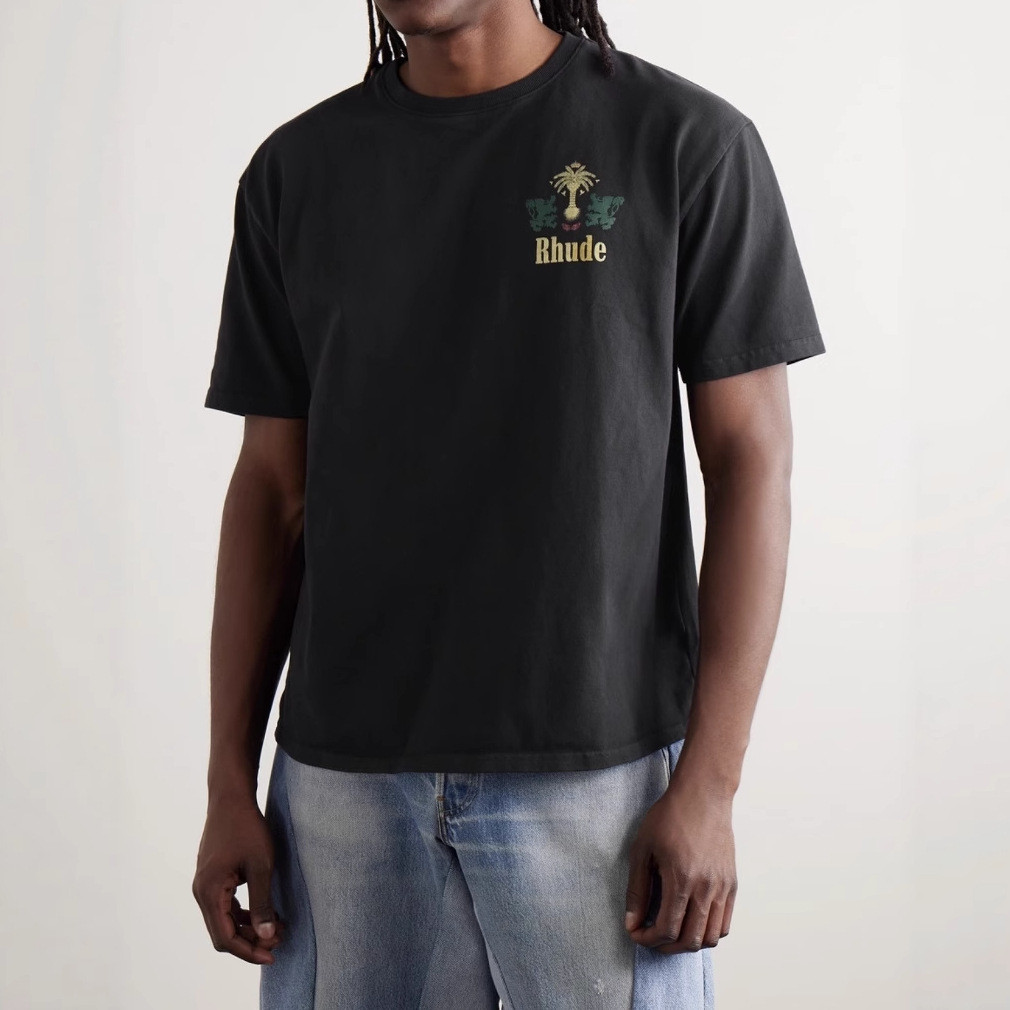 ZCWW RHUDE High Street Trend Lion Palm Tree Letter Pattern Summer Loose Round Neck Couple Short Slee