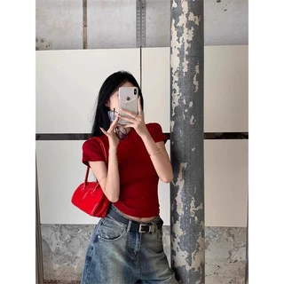 ใหม่สาวฮอตเพรียว หญิงเสื้อยืดฤดูร้อน บางแสดงรอบคอบวกไหล่เสื้อยืดด้านบน